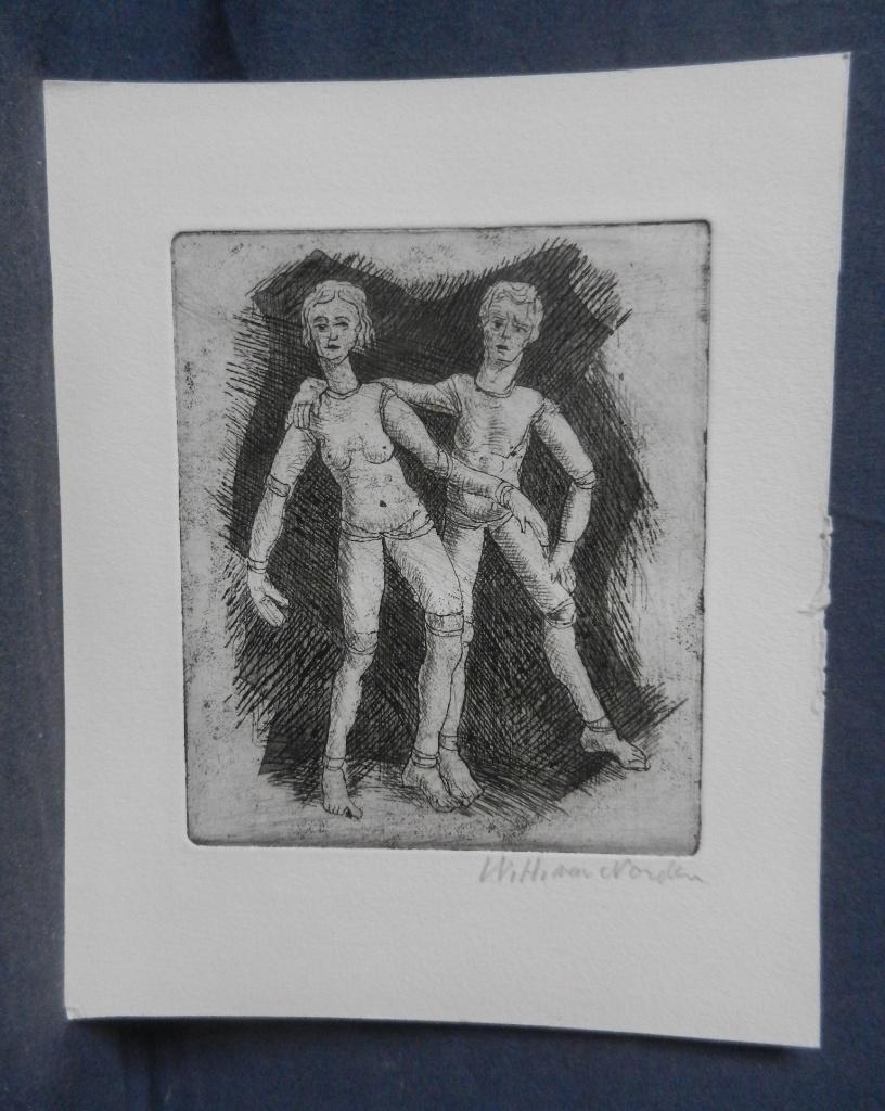 Ets Twee stoffen poppen door W.H. van Norden (1883-1978), Antiek en Kunst, Kunst | Etsen en Gravures, Ets, Ophalen of Verzenden