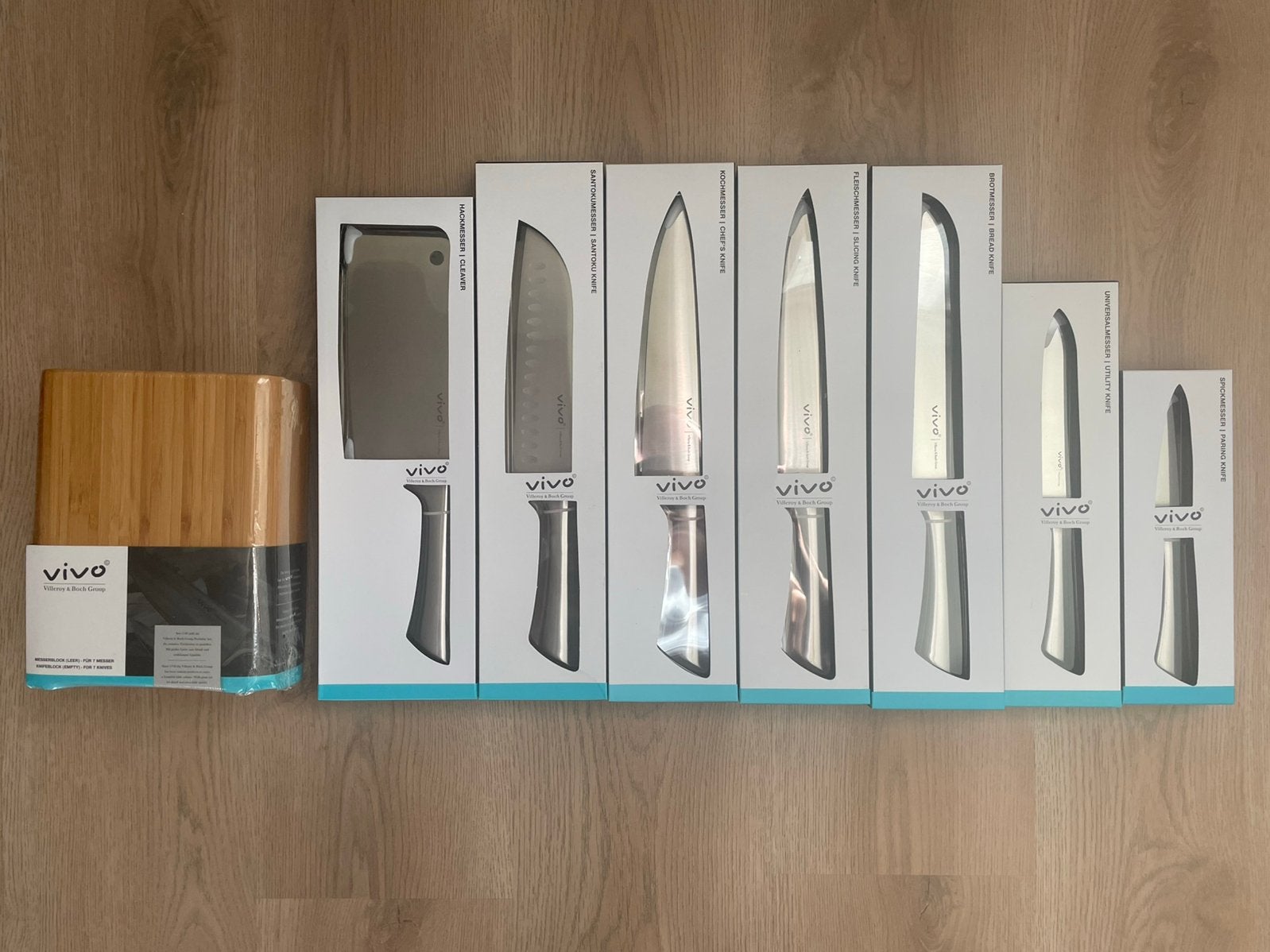NIEUW Complete RVS messenset Vivo - AH met bamboe messenblok, Huis en Inrichting, Bestekset, Vivo, Nieuw, Ophalen of Verzenden