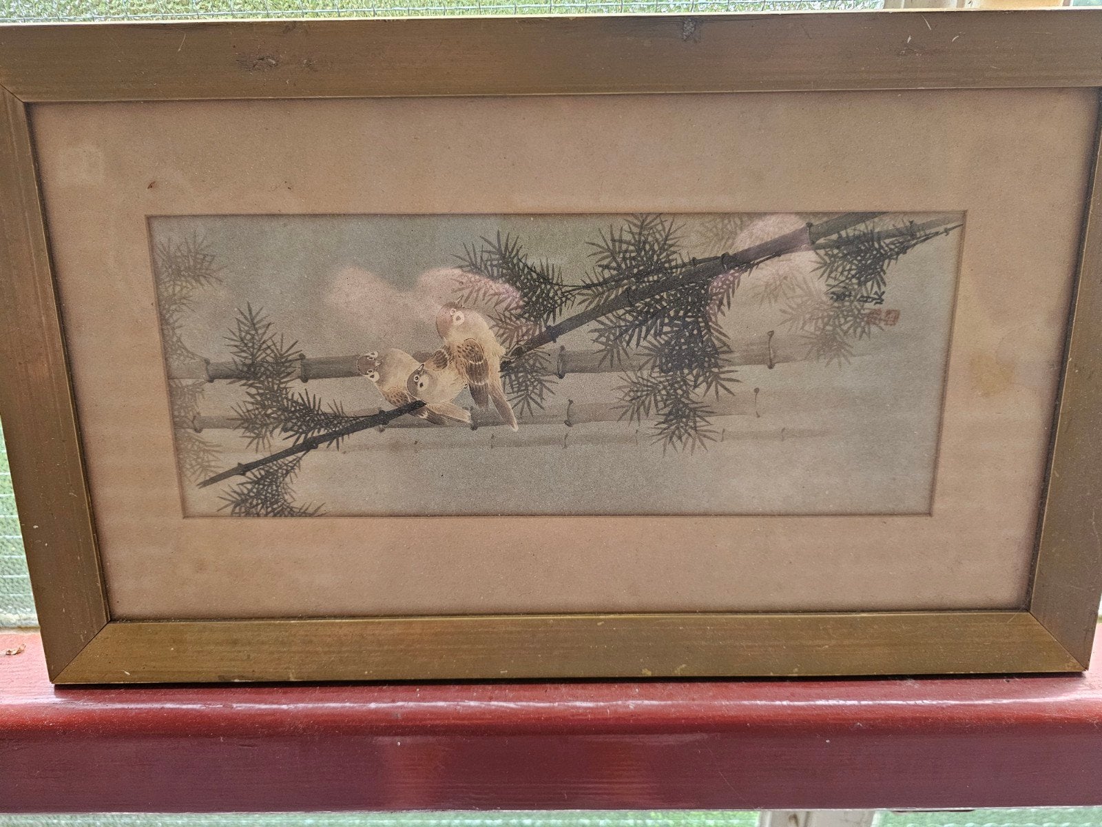 Oude ingelijste print met vogels en bamboe, Minder dan 50 cm, Gebruikt, Ophalen of Verzenden, Print