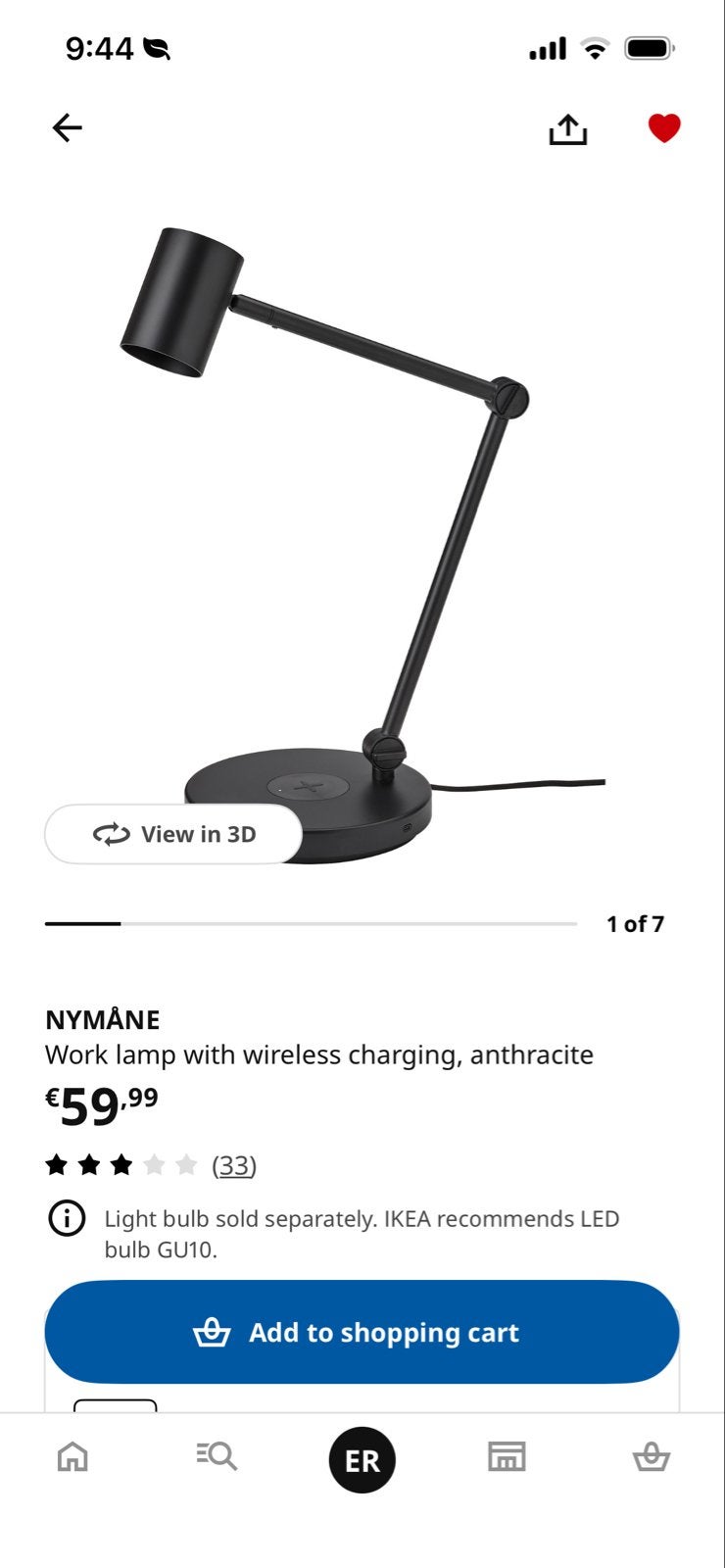 Ikea NYMÅNE Bureaulamp met draadloos opladen, antraciet, Ophalen, Zo goed als nieuw