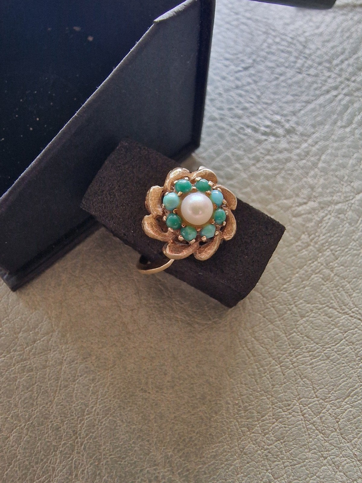 Vintage Gouden ring met parel en turkoois, 14K (585), Sieraden, Tassen en Uiterlijk, Met edelsteen, Ophalen of Verzenden, 17 tot 18
