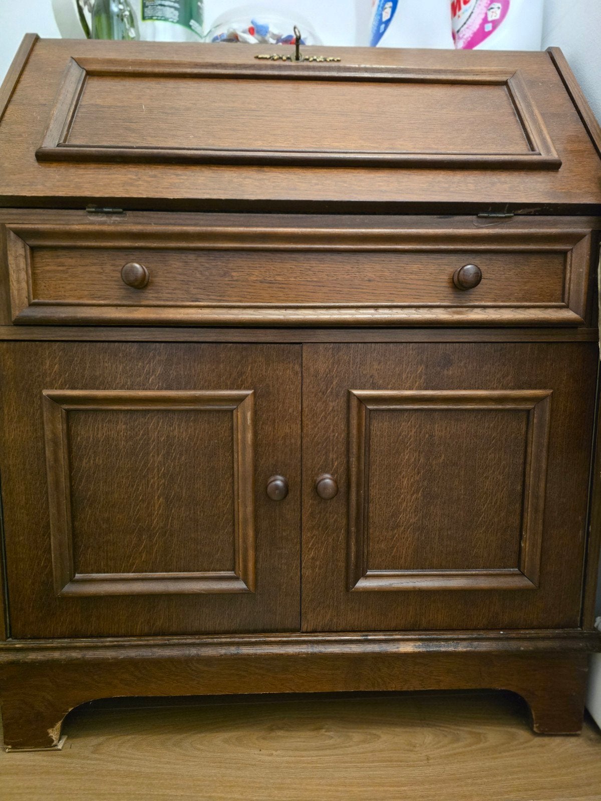 Antiek houten secretaire met lade en kast, Ophalen