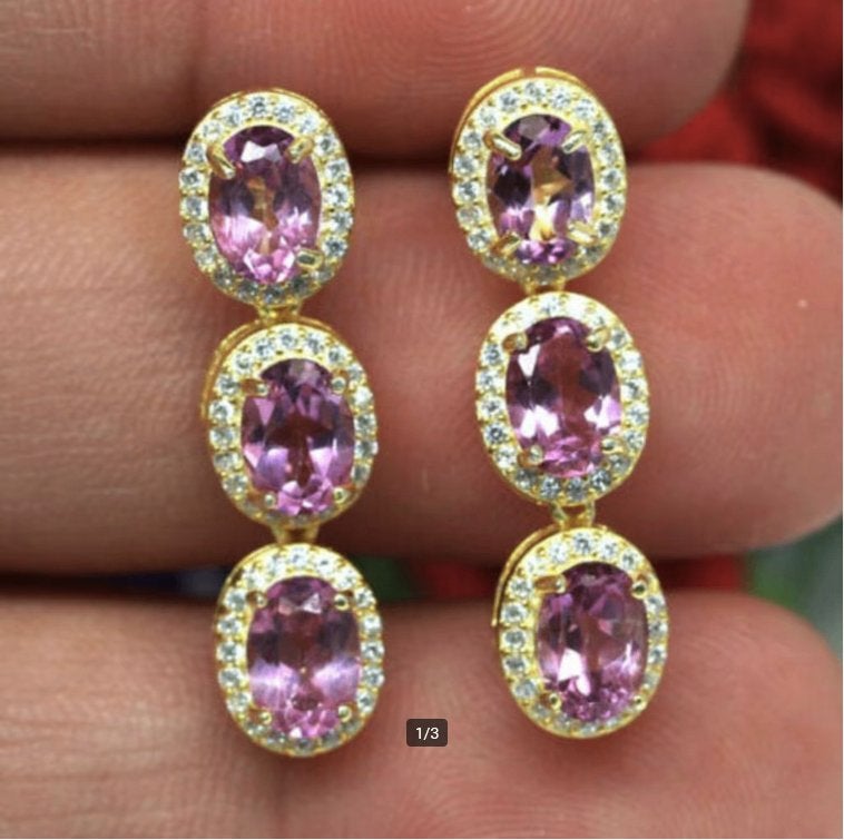 oorbellen 925 zilver 14 k verguld met roze Topaas top stenen, Nieuw, Ophalen of Verzenden, Roze, Met edelsteen