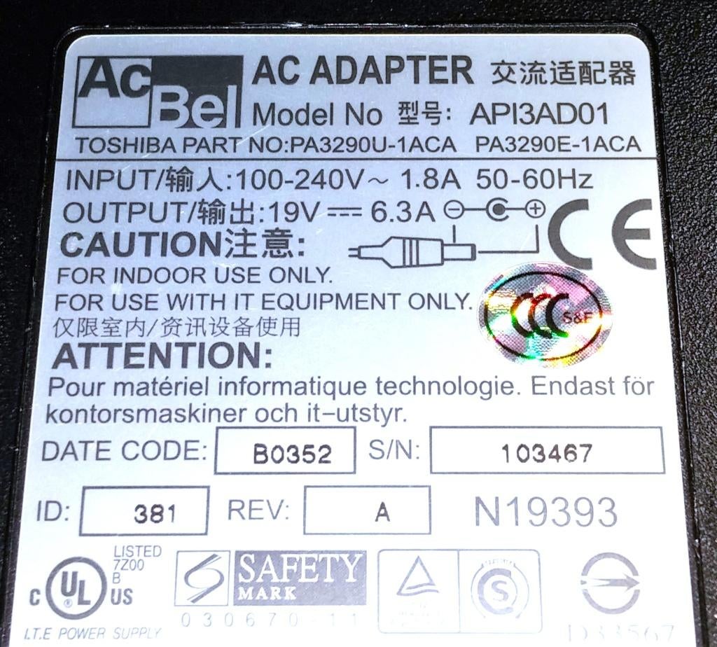 AcBel API3AD01 Toshiba PA3290U-1ACA 19V 6.3A 120W Adapter, Ophalen of Verzenden, Zo goed als nieuw, ACBEL POLYTECH
