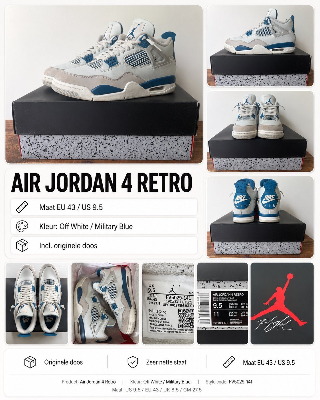 Air Jordan 4 Retro Military Blue – maat 43 – originele doos, Ophalen of Verzenden, Zo goed als nieuw, Blauw