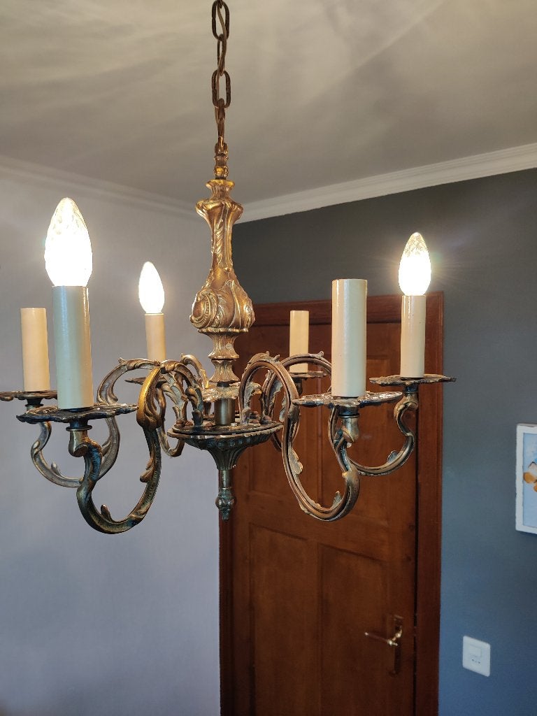 Antieke Messing Kroonluchter met 6 Lichten, Huis en Inrichting, Lampen | Kroonluchters, Gebruikt, Metaal, Ophalen of Verzenden
