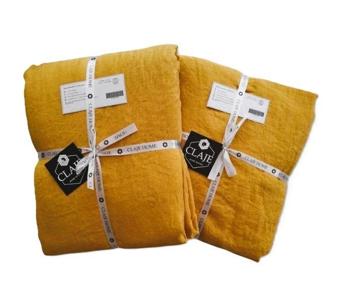 100% linnen SET. Dekbedovertrek 240x220 +Slopen+Hoeslaken, Ophalen of Verzenden, Geel, Dekbedovertrek, Nieuw