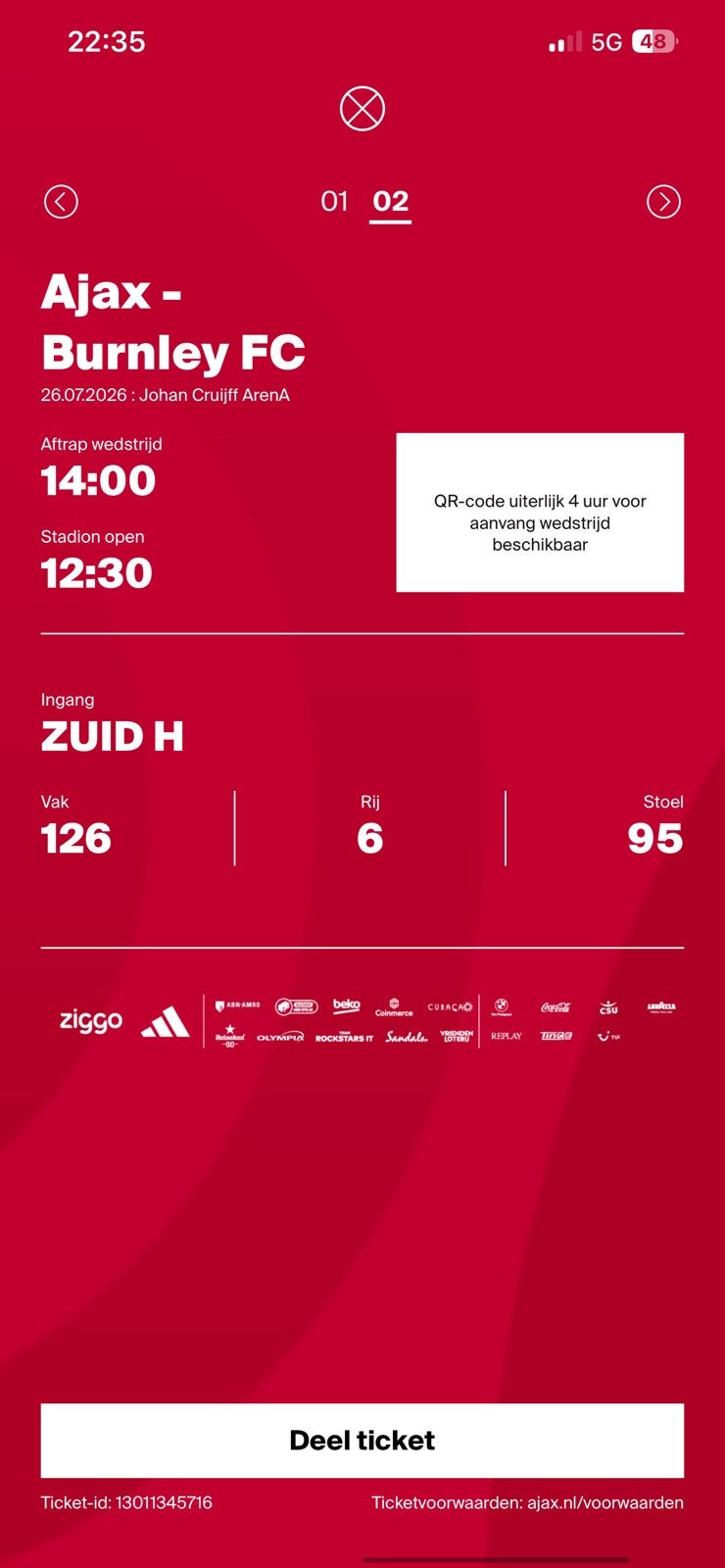 AJAX-BURNLEY 2 tickets F-side, Tickets en Kaartjes, Twee personen