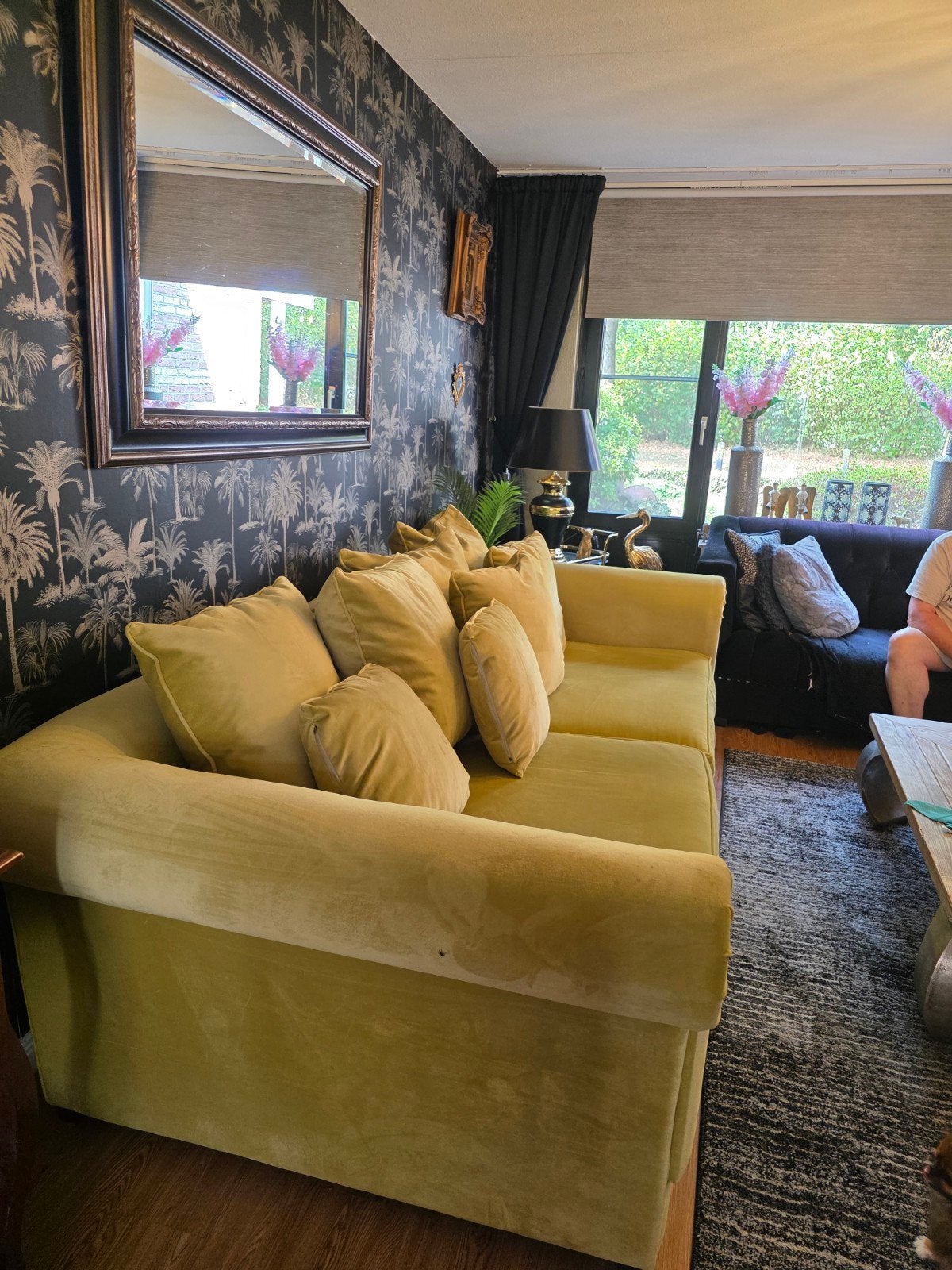 mooie rofra lounge bank olijfgroen/geel, Ophalen, Zo goed als nieuw, Vierpersoons of meer