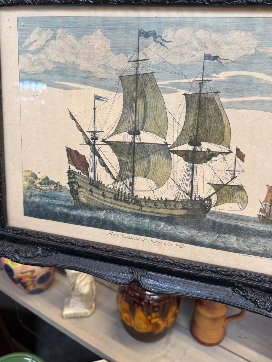 Antieke handgekleurde gravure van een schip, Handgekleurd, Dagelijks leven, Ophalen of Verzenden, Gravure