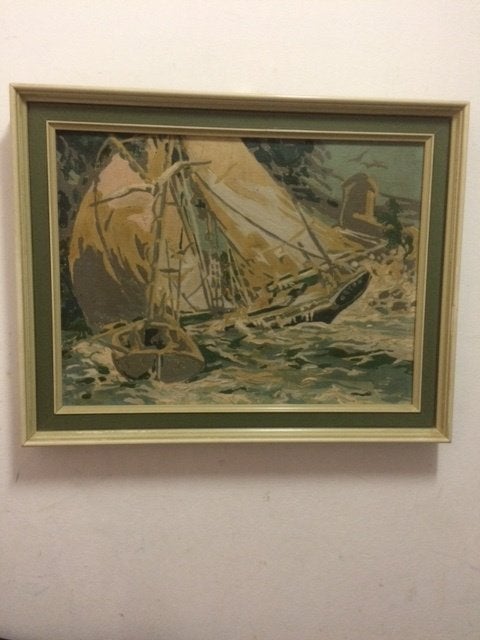 Schilderij 'Zeilschepen in nood', Overige stijlen, Ophalen of Verzenden, Olieverf, Ingelijst