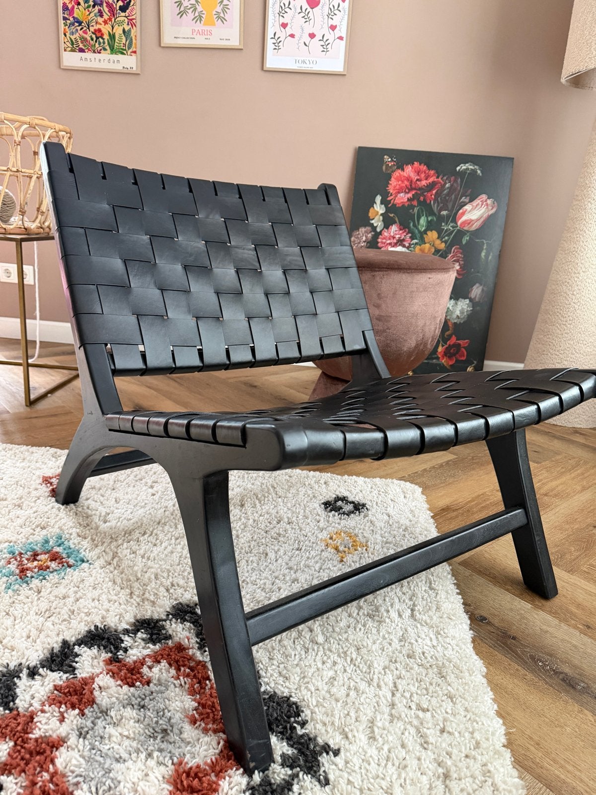 Kave Home fauteuil zwart gevlochten leer, Ophalen, Zwart, Leer, Zo goed als nieuw