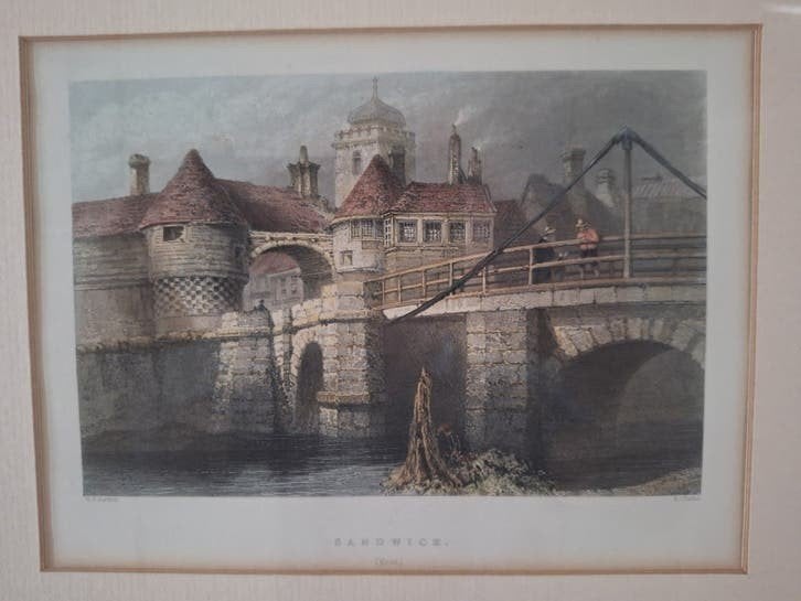 Sandwich Kent Engelse prent by William Henry Bartlett, Achter glas, Ophalen of Verzenden, Klassiek, Gemengde techniek