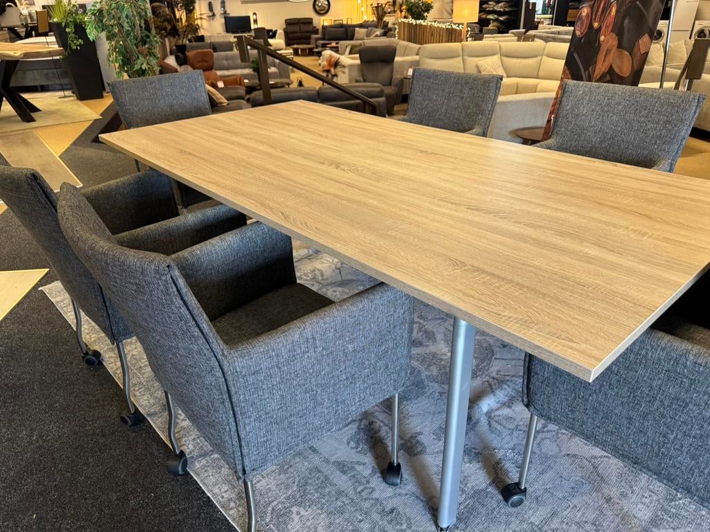 vergardertafel licht eiken 220/110 met 6 stoelen, Huis en Inrichting, Tafels | Eettafels, 100 tot 150 cm, Mwonenenslapen@ziggo.nl