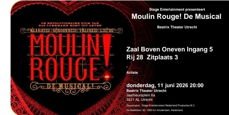 2 kaartjes voor musical Moulin Rouge 11 juni, Twee personen, Juni