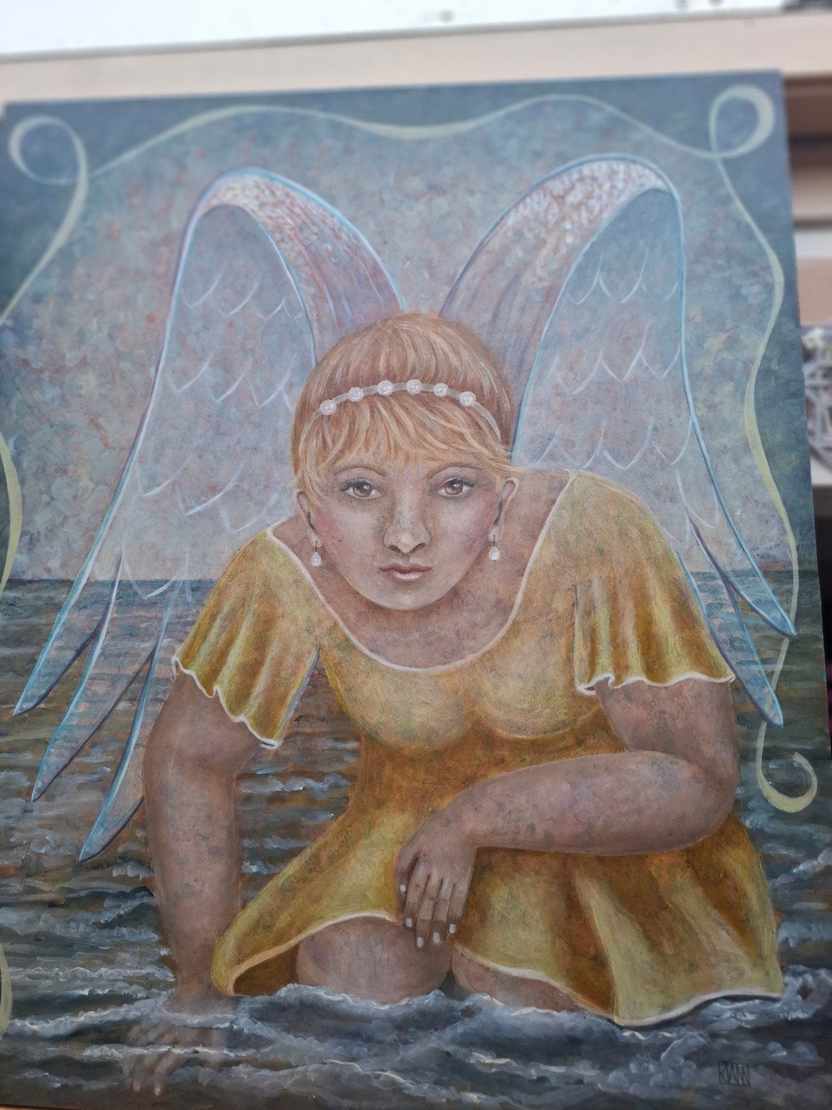Engel in het water - Handgeschilderd modern schilderij, Op houten frame, Ophalen of Verzenden, Textiel, Figuren