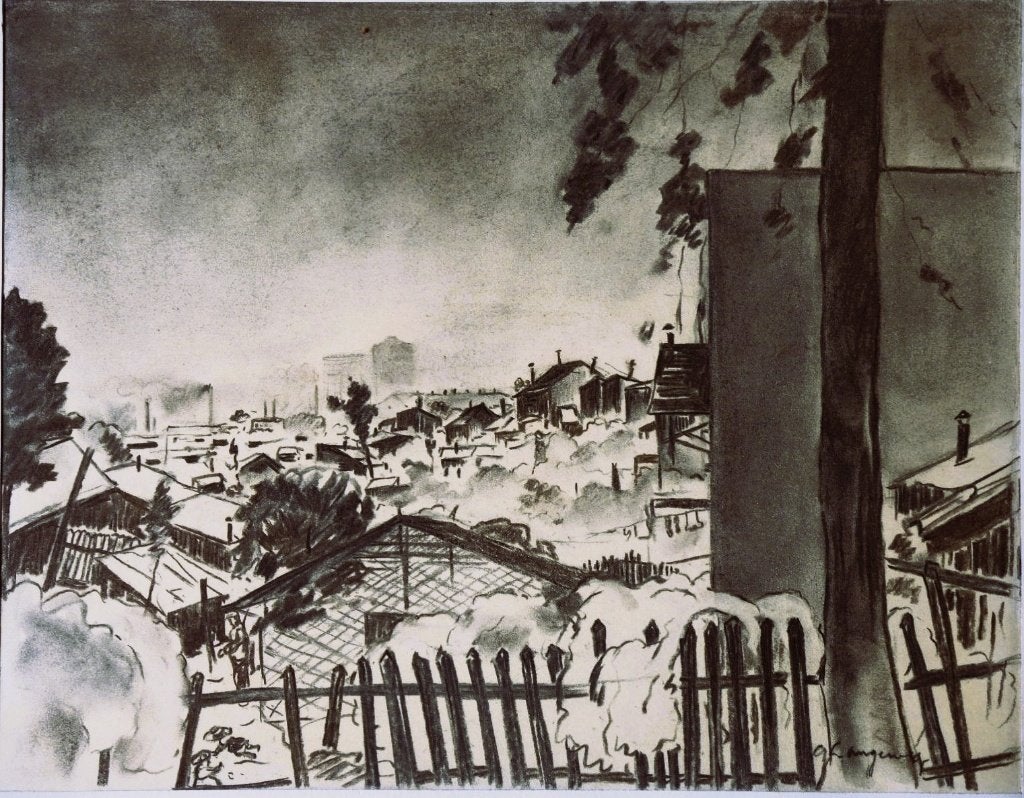 Ger Langeweg krijttekening en pastel "Porte de Clignancourt", Antiek en Kunst, Kunst | Tekeningen en Foto's, Ophalen, Tekening