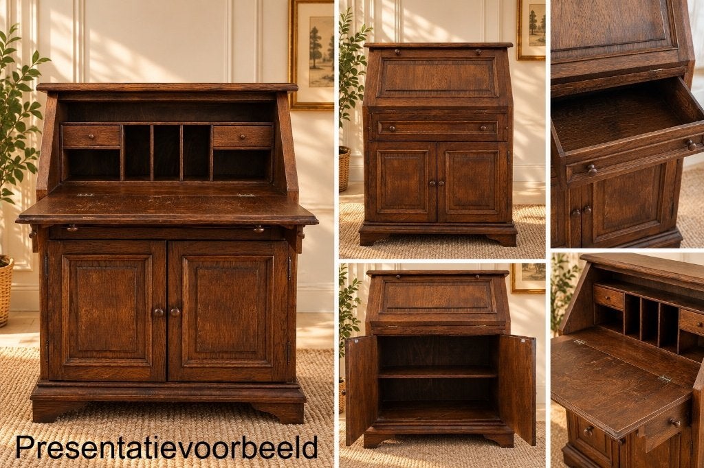 Klassieke eikenhouten secretaire/klepbureau landelijke stijl, Ophalen, Zo goed als nieuw, Vintage