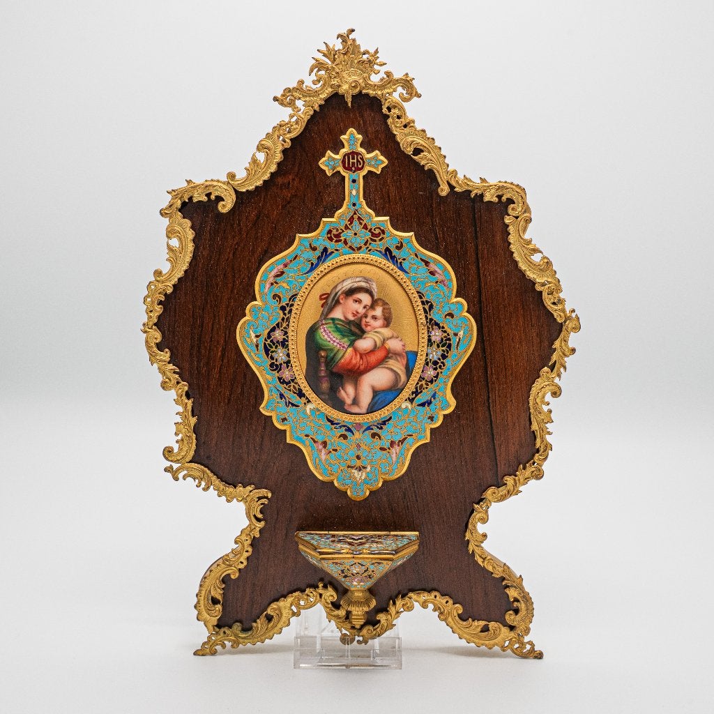 Cloisonné wijwaterbak met porseleinen plaquette Maria, Antiek en Kunst, Ophalen of Verzenden