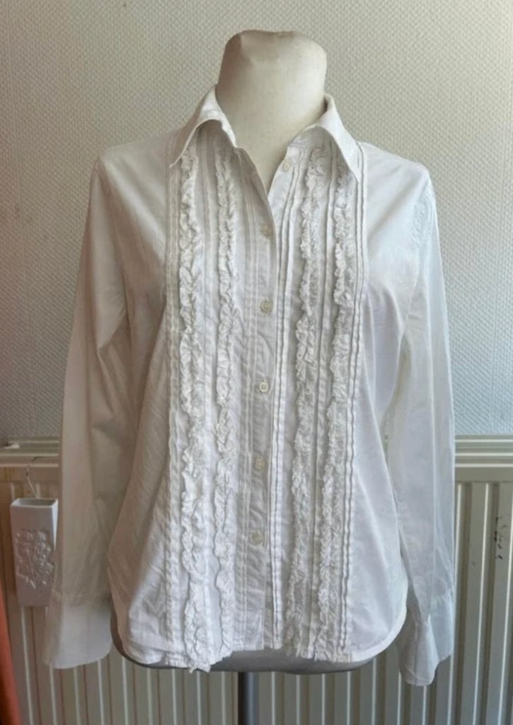 Witte katoenen blouse met ruches, Ophalen of Verzenden, Gedragen, Maat 38/40 (M), Wit