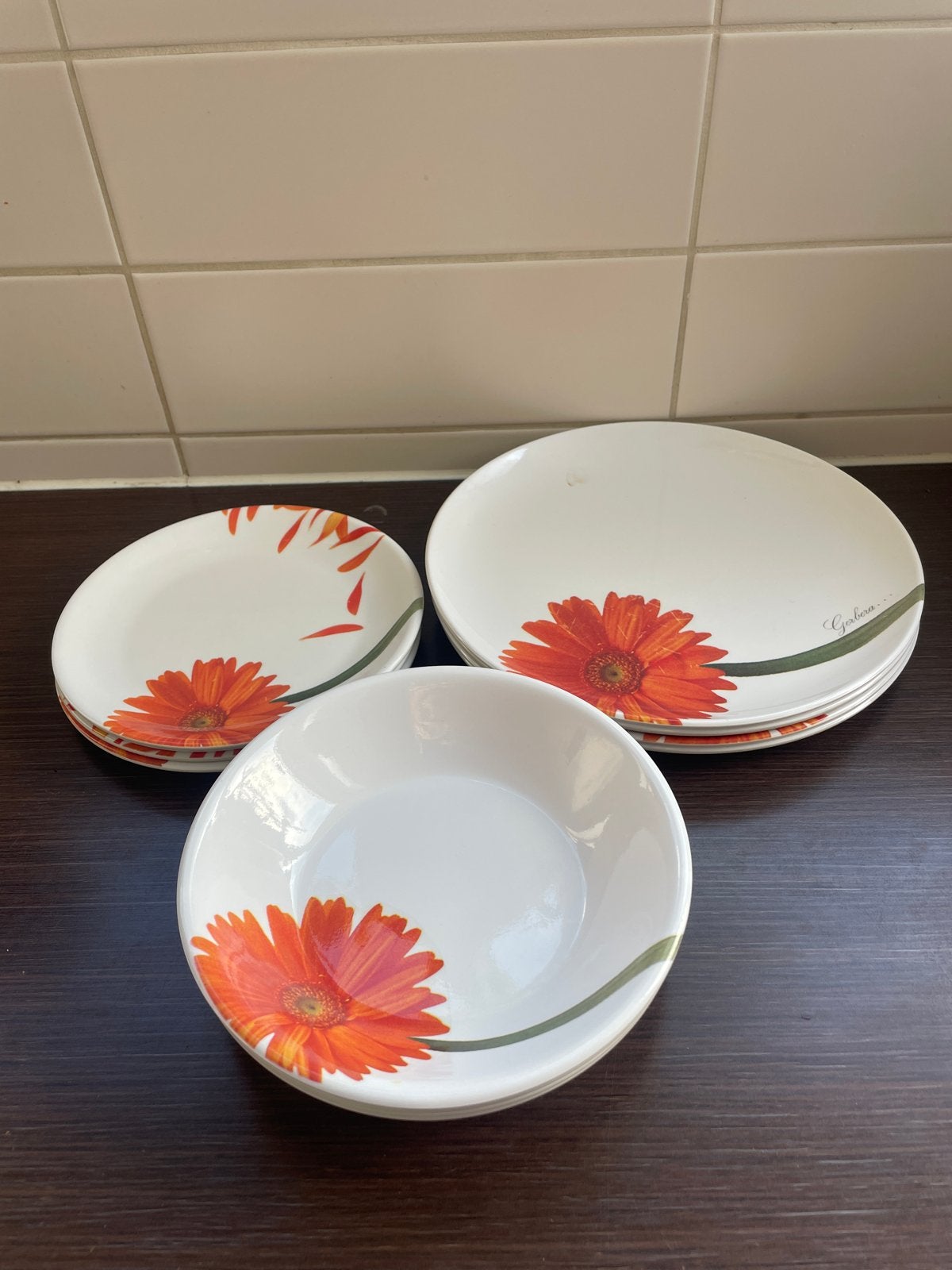 Servies met Gerbera print - Euro-Mel, Ophalen of Verzenden, Gebruikt
