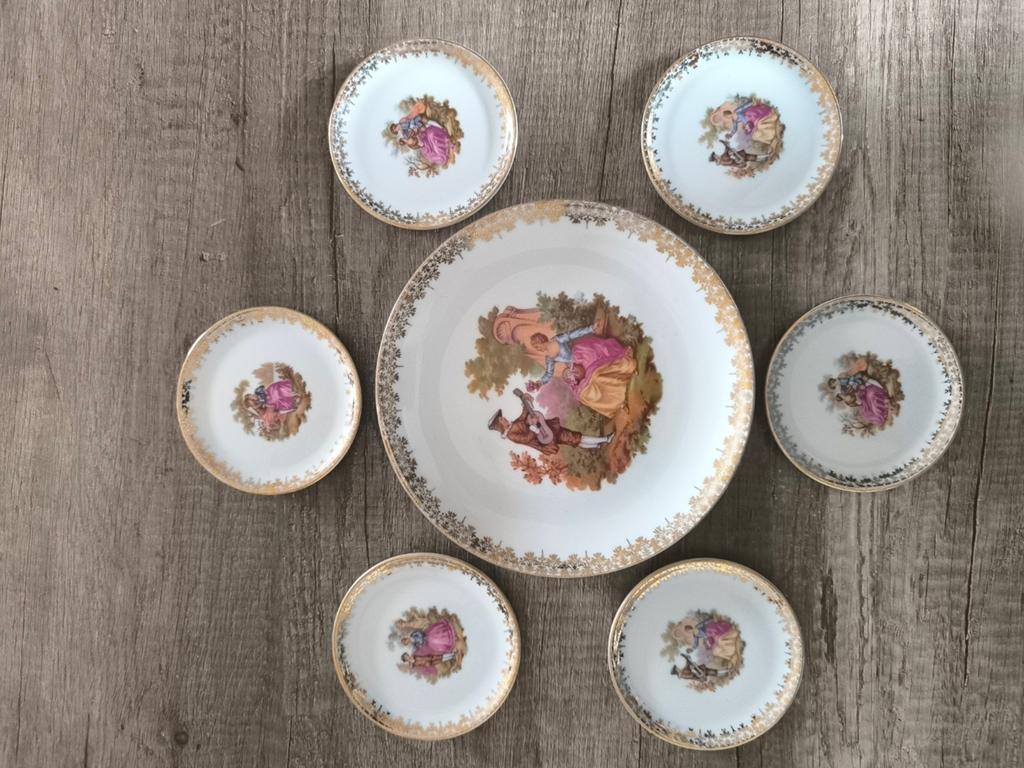 Vintage bord met 6 petite four bordjes, nieuwstaat, Antiek en Kunst, Ophalen