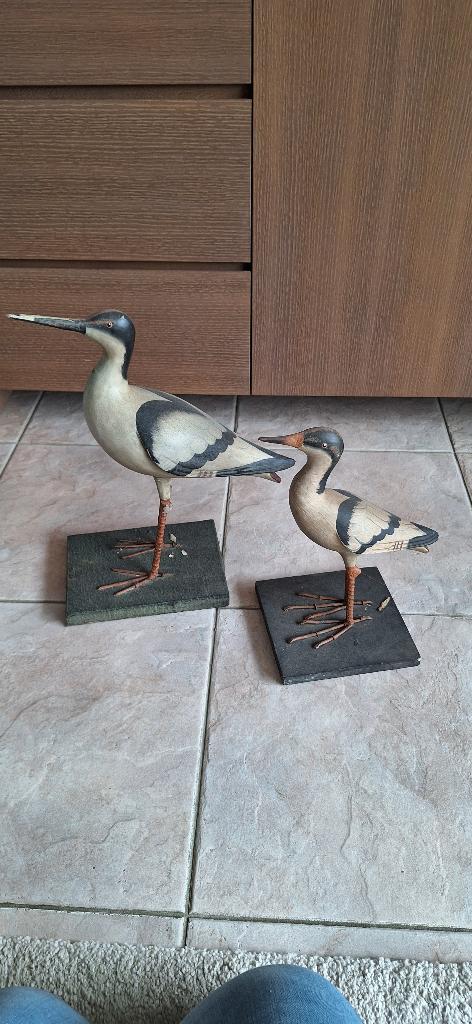 Set van 2 antieke vintage vogel beelden hout kalk ijzer, Antiek en Kunst, Ophalen