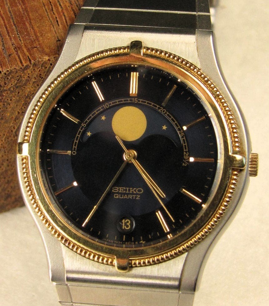 SEIKO met MAANSTAND  & datum, Sieraden, Tassen en Uiterlijk, Horloges | Antiek, Seiko, Staal, Met bandje, Polshorloge
