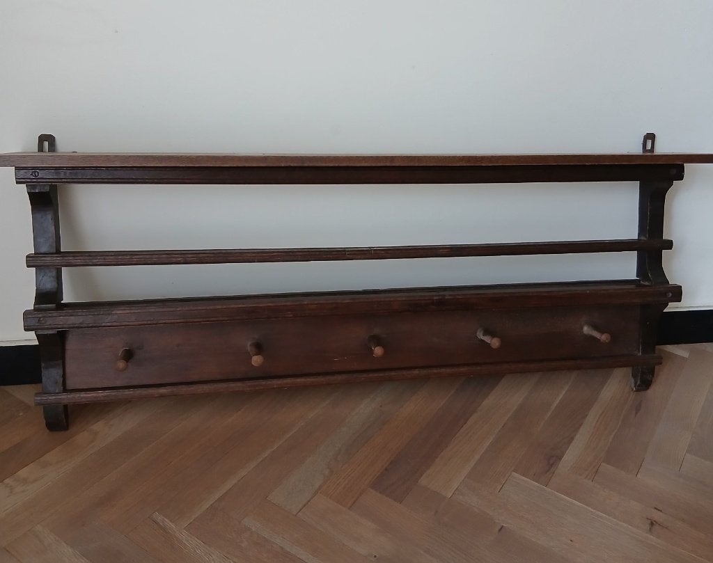Robuuste eikenhouten kapstok met hoedenplank(127 cm)., Gebruikt, Onbekend, Onbekend, Hout