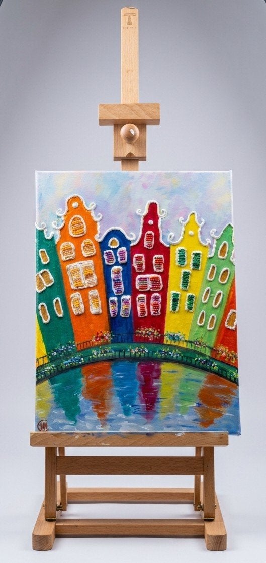 Schilderij Amsterdamse Huisjes 3D Wanddecoratie, Antiek en Kunst, Landschap, Gesigneerd, Ophalen of Verzenden, Gemengde techniek