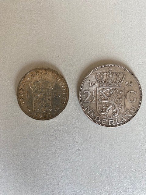 2,5 gulden zilver 1959 en gulden zilver uit 1964, Ophalen of Verzenden, Koningin Juliana, 2½ gulden, Zilver