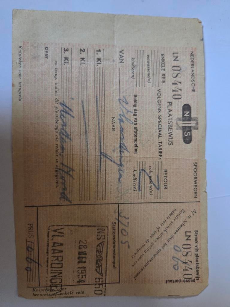 NS Plaatsbewijs Vlaardingen - Muiden/Mond (1954), Verzamelen, Ophalen of Verzenden, 1940 tot 1960, Nederland, Knipsel(s)