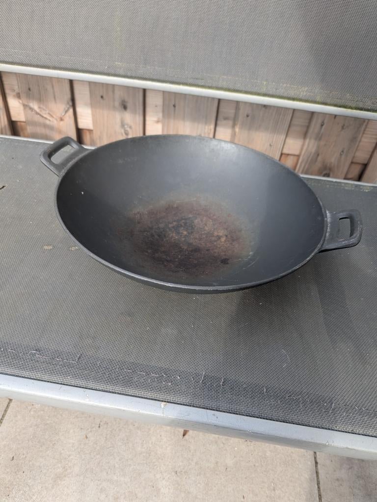 Gietijzeren pan voor de BBQ, Huis en Inrichting, Keuken | Potten en Pannen, Ophalen, Gebruikt, Gietijzer, Koekenpan of Braadpan