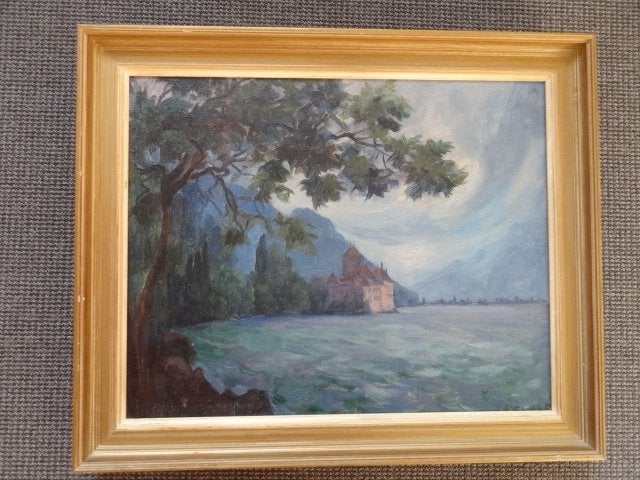 Chateau de Chillon, olieverfschilderij in lijst 48 x 58 cm, Antiek en Kunst, Landschap, Verzenden, Handgeschilderd, Olieverf