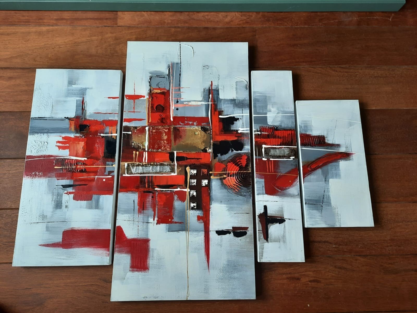 Abstract Schilderij 4 Luik - Rood, Grijs, Zwart - 150x120 c, Ophalen