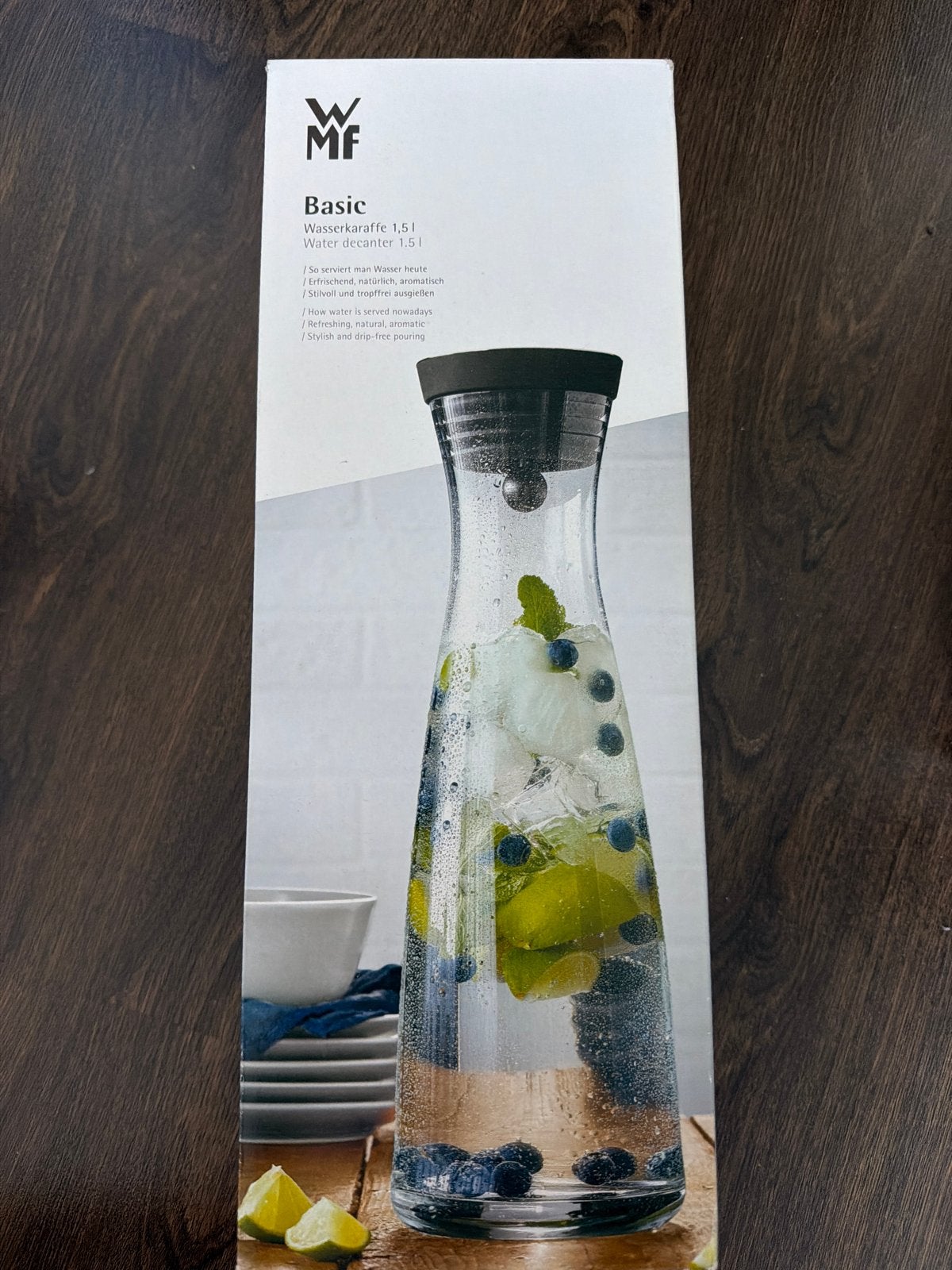 WMF Basic Waterkaraf 1.5L - Nieuw in doos, Ophalen, Nieuw, Zwart, Glas