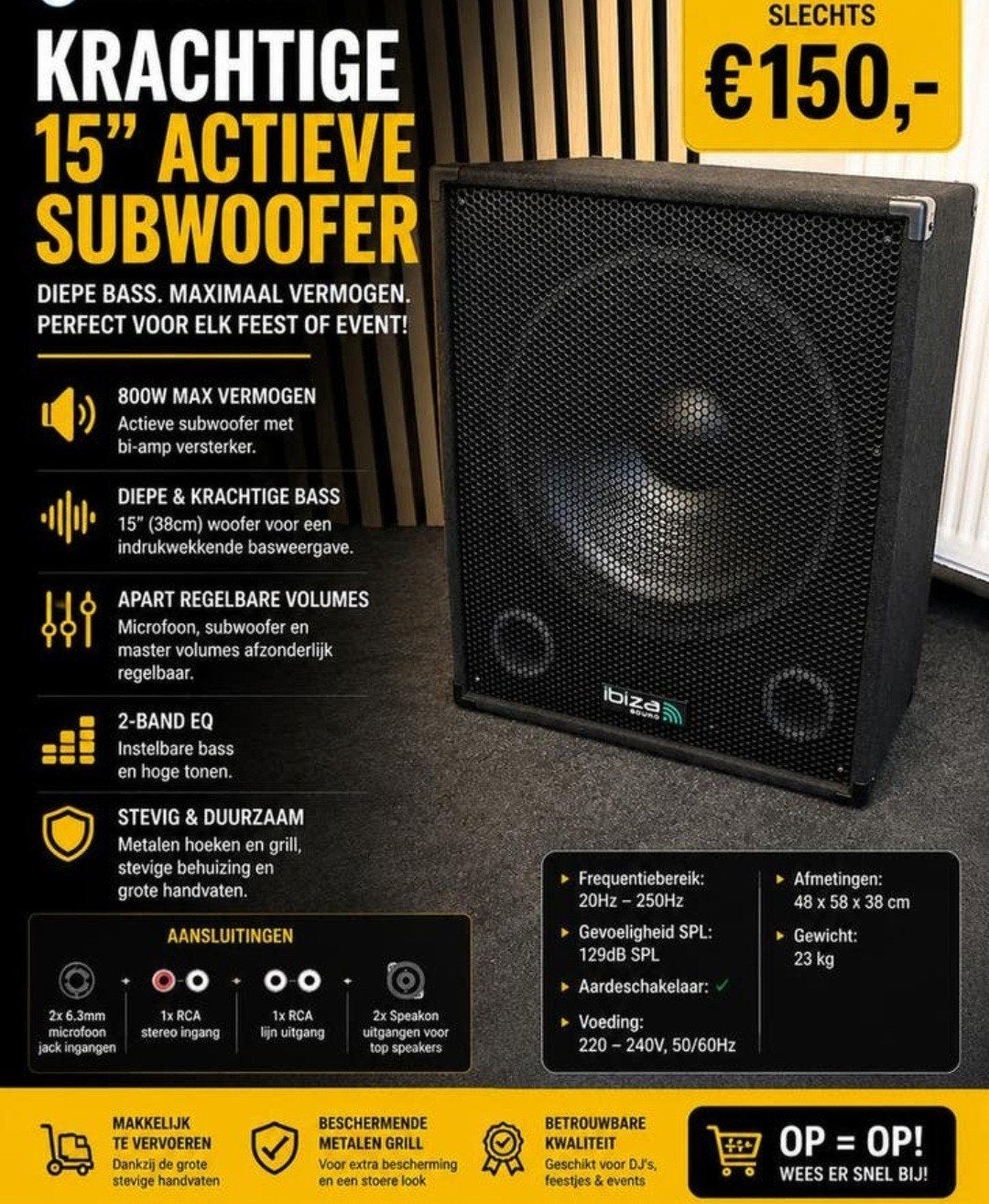 Krachtige 15" Actieve Subwoofer - 800W Max Vermogen, Nieuw, Ophalen of Verzenden, 150 watt of meer, Overige merken