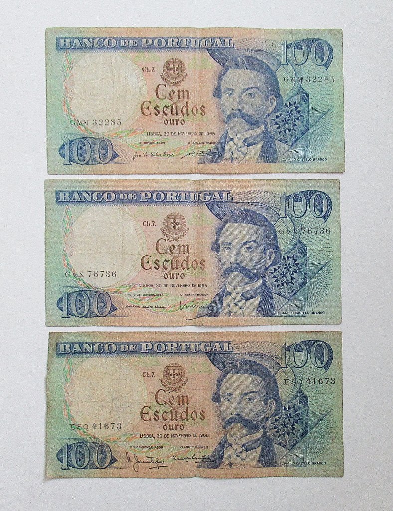 Portugal 100 Escudos drie bankbiljetten 1965., Ophalen of Verzenden, Overige landen