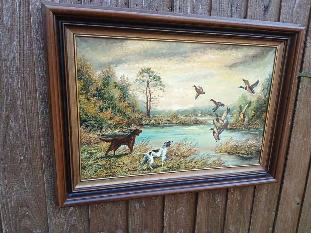 Jachttafereel Olieverf Schilderij - Honden en Eenden, Antiek en Kunst, Kunst | Schilderijen | Klassiek, Ophalen of Verzenden
