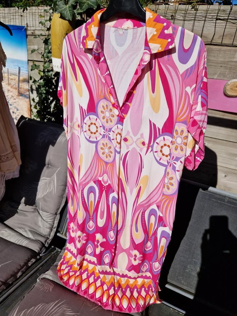 Viscose midi jurk lila paars wit xl 44, Maat 42/44 (L), Roze, Gedragen, Onder de knie