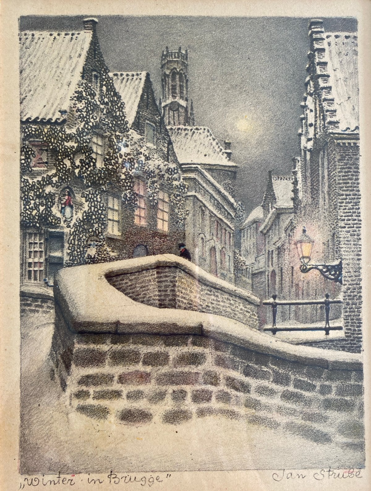Jan Strube - Winter in Brugge België - gesigneerde litho, Ingelijst, Ophalen, Landschappen, Lithografie
