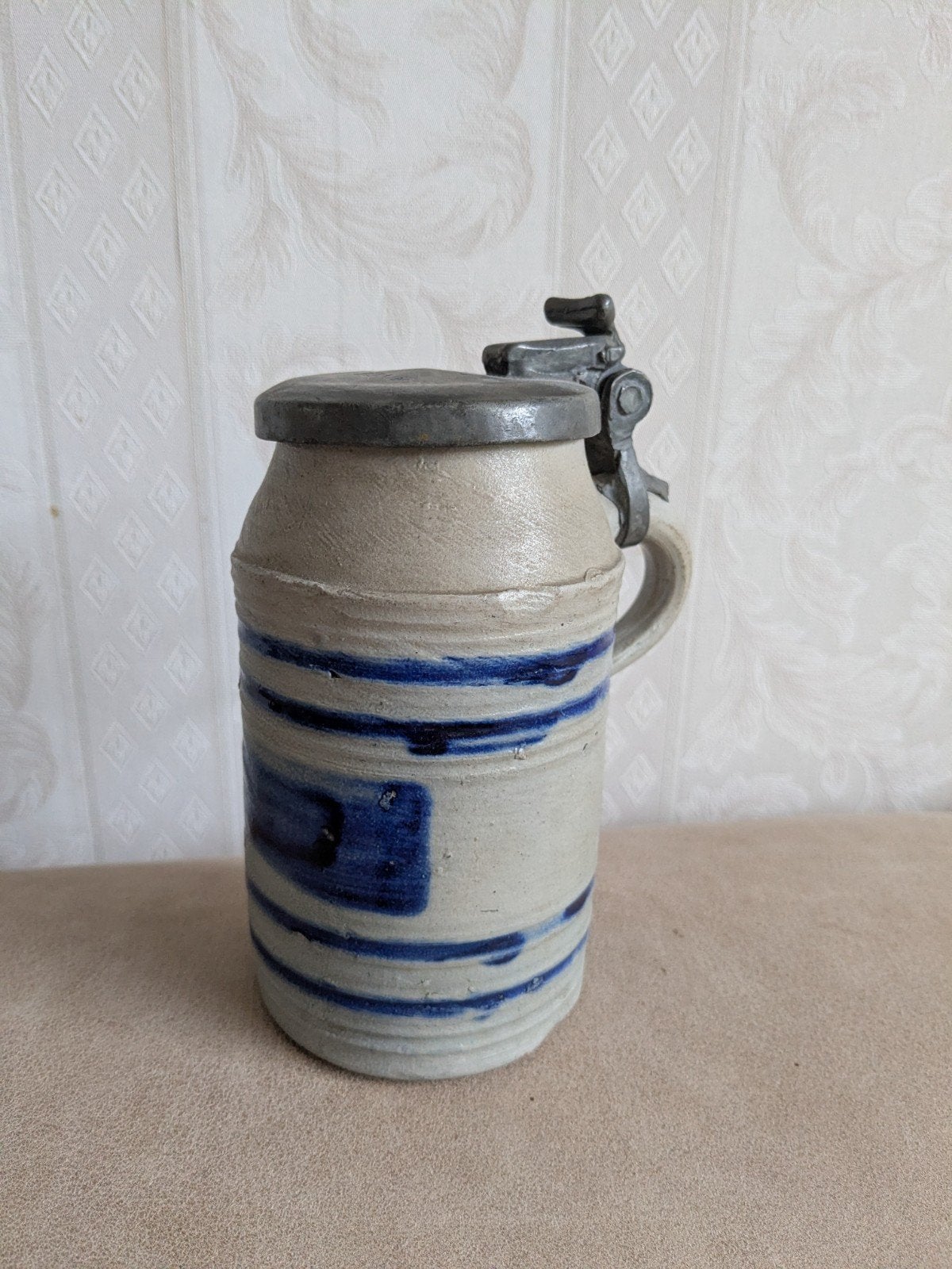 Vintage Bierpul met Tinnen Deksel - Blauw en Grijs Keramiek, Ophalen of Verzenden