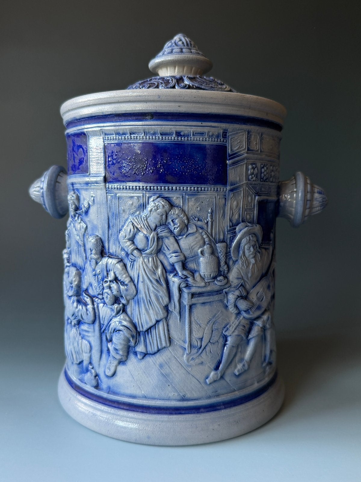 Grote vintage steengoed pot met deksel – Blauw-grijs, Ophalen of Verzenden