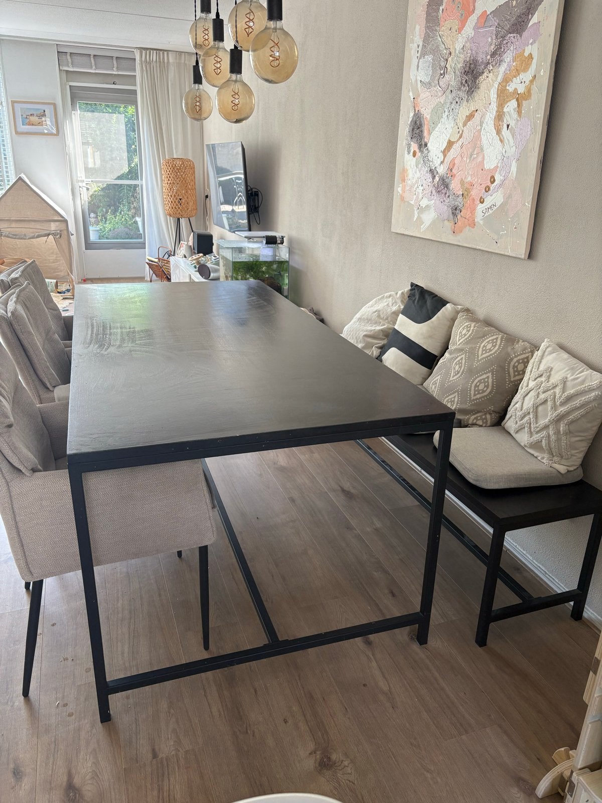 Zwarte eettafel met metalen onderstel en eettafelbank 200x95, Ophalen, Gebruikt, 200 cm of meer, 50 tot 100 cm
