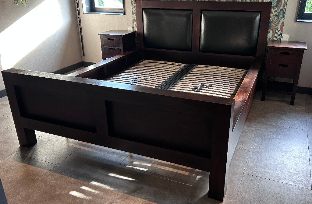LANGE bedcombinatie met matrassen van 80x210!!, Ophalen, Bruin, 210 cm, Tweepersoons