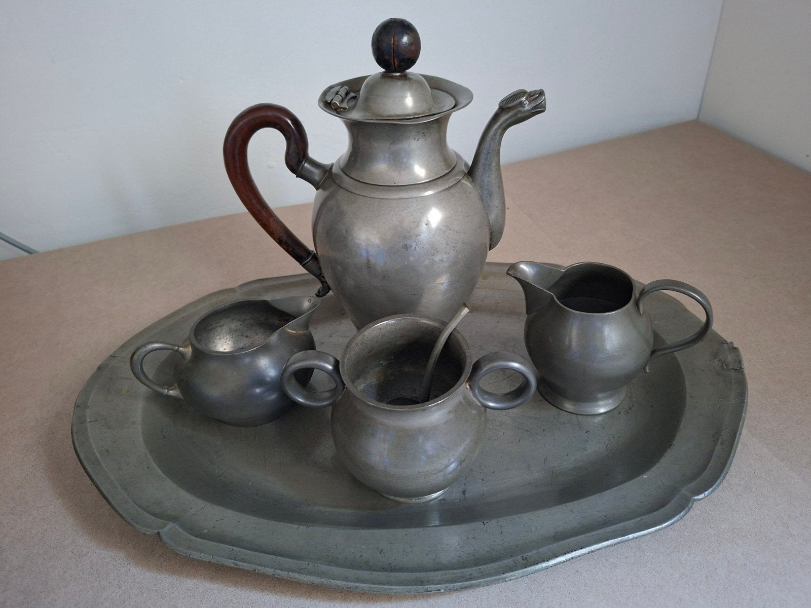 Antiek tinnen koffie- en theeservies met dienblad, Antiek en Kunst, Ophalen of Verzenden