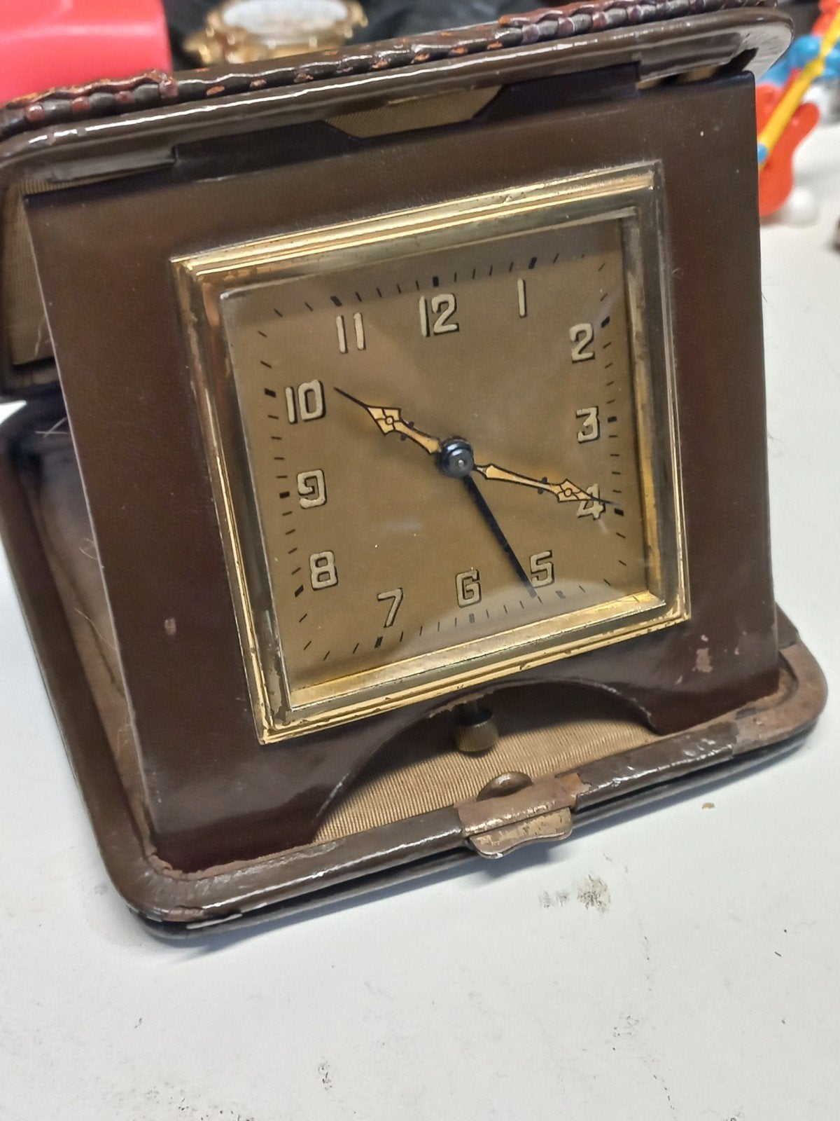 Antieke reiswekker in lederen etui - Vintage, Ophalen of Verzenden