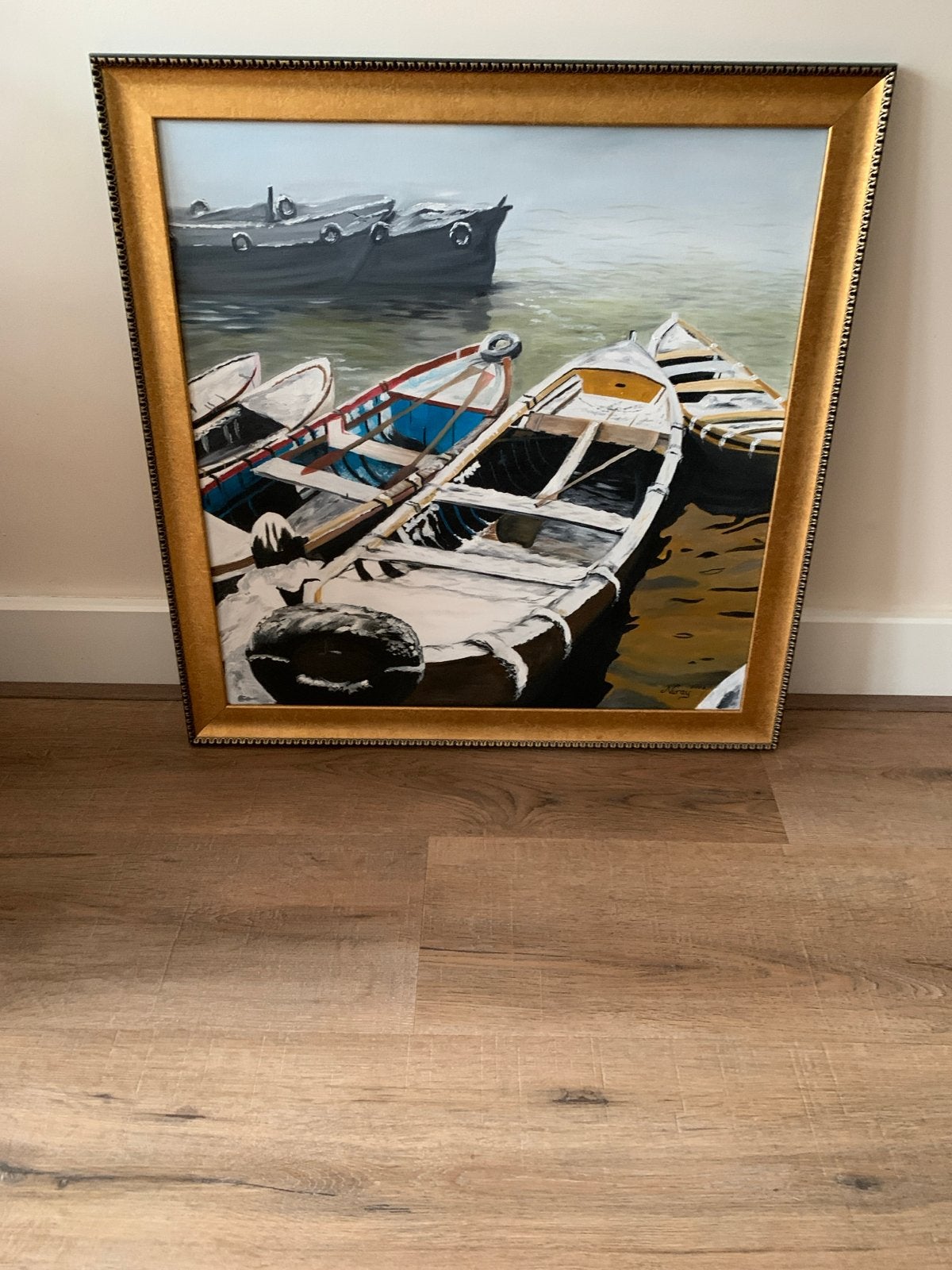 Schilderij van boten op het water - gesigneerd Oliverf, Antiek en Kunst, Maritiem / water, Doek, Realistisch, Ophalen of Verzenden