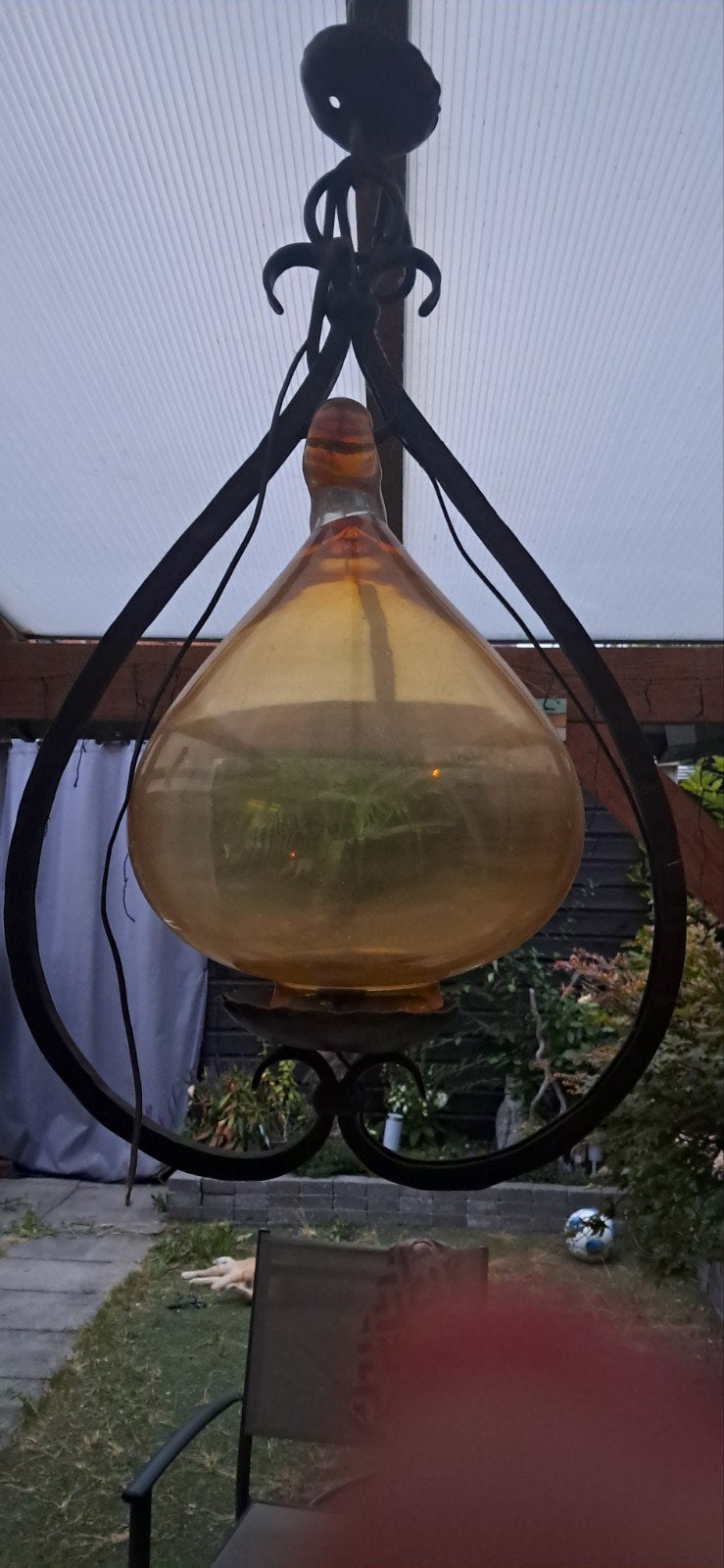 Grote Smeedijzeren Hanglamp met Amberkleurig Dik Glas, Ophalen, Gebruikt, Glas, Rustiek, Industrieel, Vintage