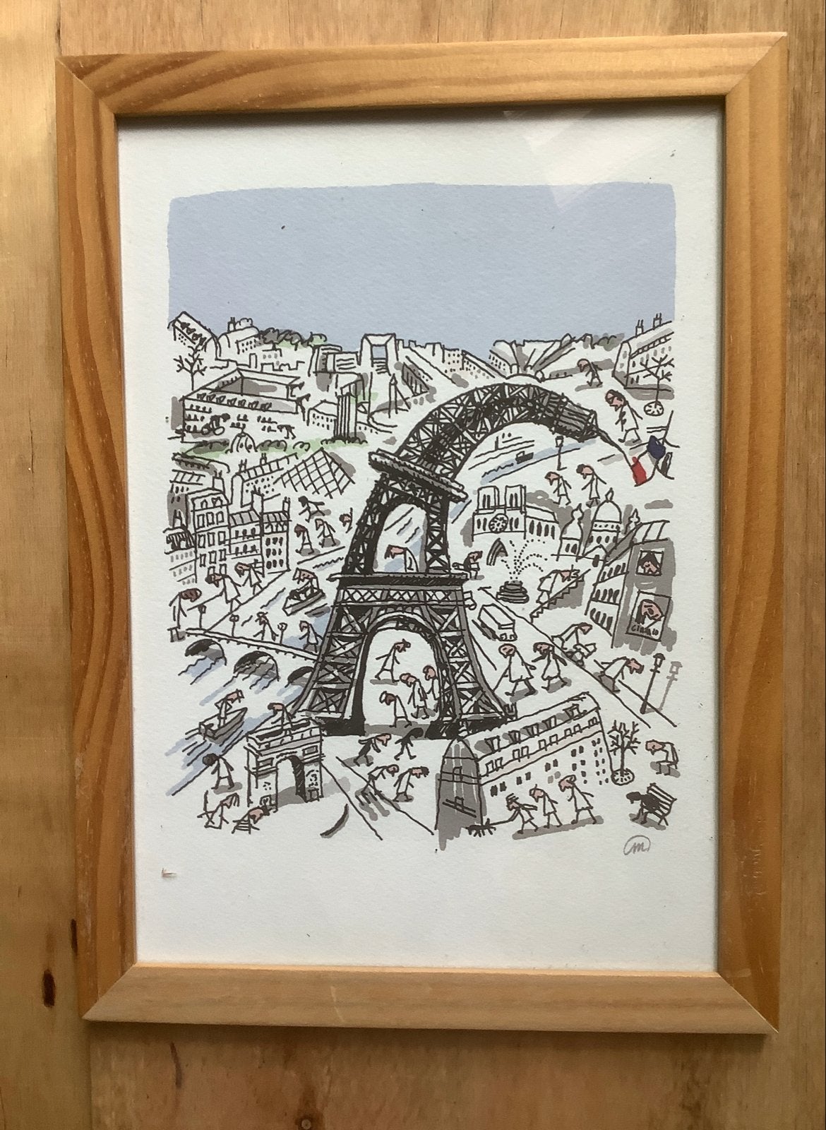 Grappige illustratie Eiffeltoren Parijs ingelijst, Antiek en Kunst, Kunst | Tekeningen en Foto's, Ophalen of Verzenden, Tekening